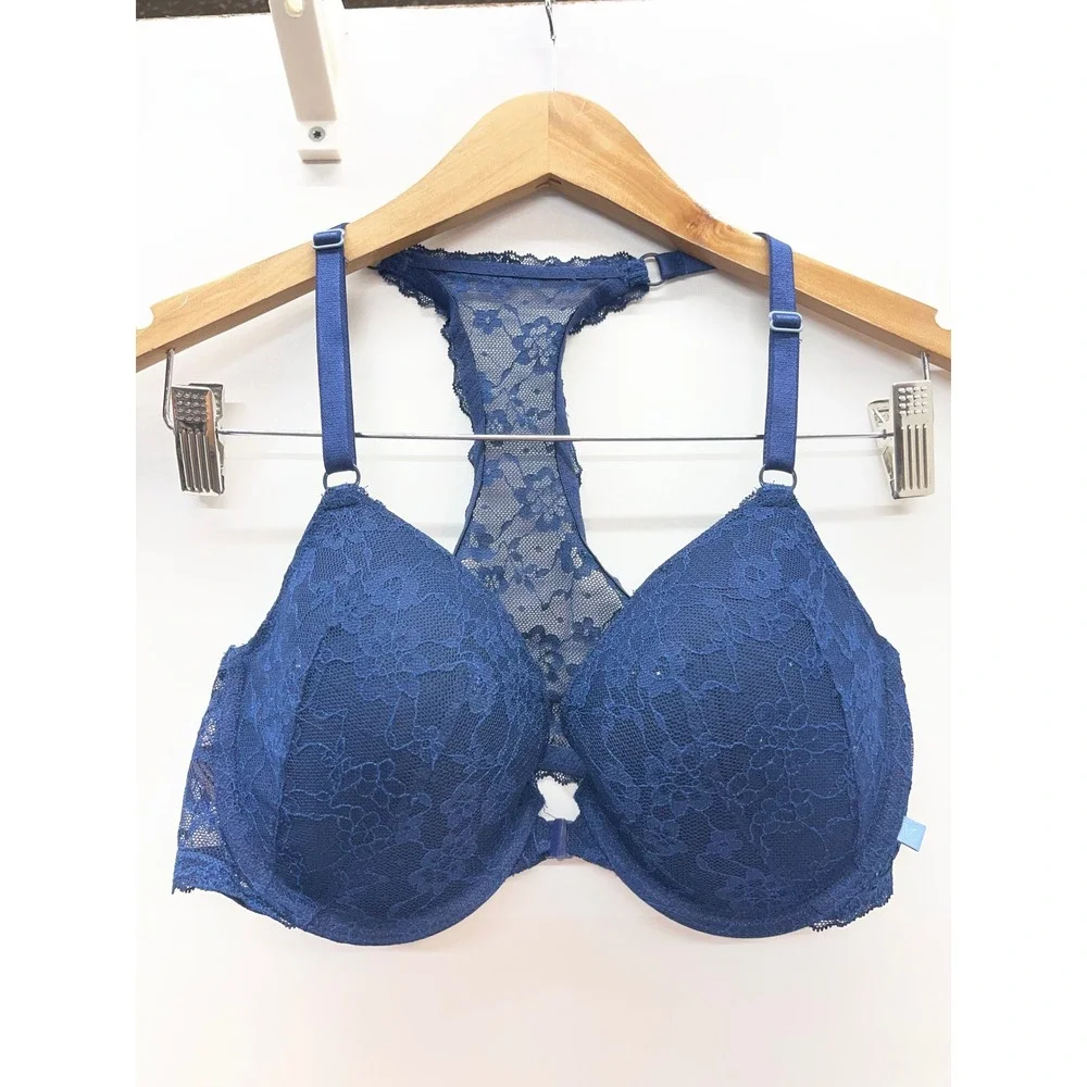 Victorias Secret Navy Blue Floral Lace Racerback Front Close Push Up Bra 34D